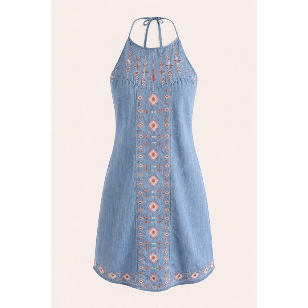 Hollister Blue Embroidered Halter Dress 🌿✨ Boho Festival Vibes